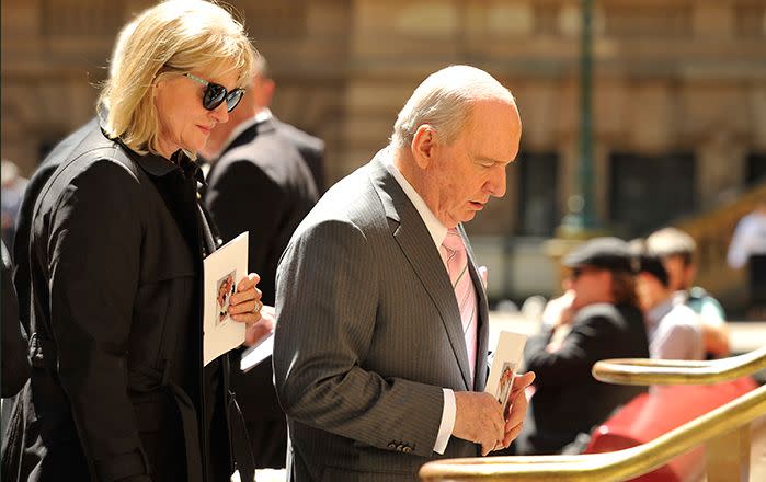 Broadcaster Alan Jones arrives at the funeral service. Image: AAP