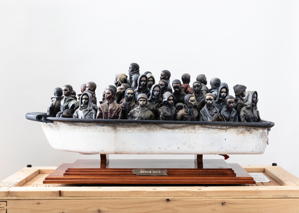 Banksy’s “Dream Boat” sculpture, offered at Art Miami.