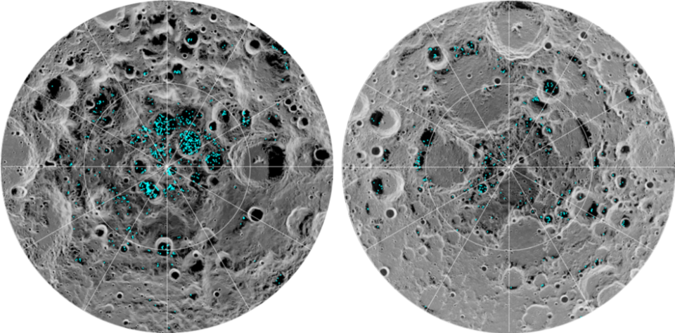 NASA's Moon Mineralogy Mapper instrument shows the distribution of surface ice at the Moon’s south pole (left) and north pole (right). Blue represents the ice locations, plotted over an image of the lunar surface, where lighter grays show warmer temperatures and darker is where the moon is coldest. (NASA)