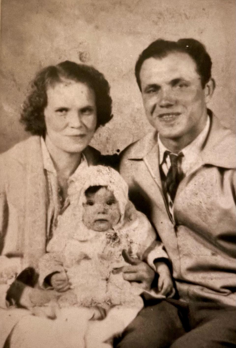 A family photo shows Michalene Saunier as a baby with her parents, Anna and Mickey Fedor. She was born on Feb. 29, 1940 - leap day - and celebrates her 21st birthday on Feb. 29, 2024.
