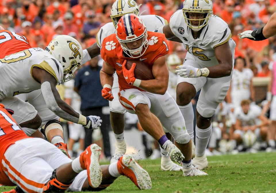 Clemson running back Will Shipley scores one of his two touchdowns against Georgia Tech on Sept. 18, 2021.