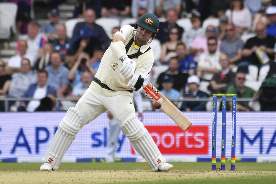 Australia's Travis Head plays a shot during the third day of the third Ashes Test match between England and Australia at Headingley, in Leeds, England, Saturday, July 8, 2023. (AP Photo/Rui Vieira)