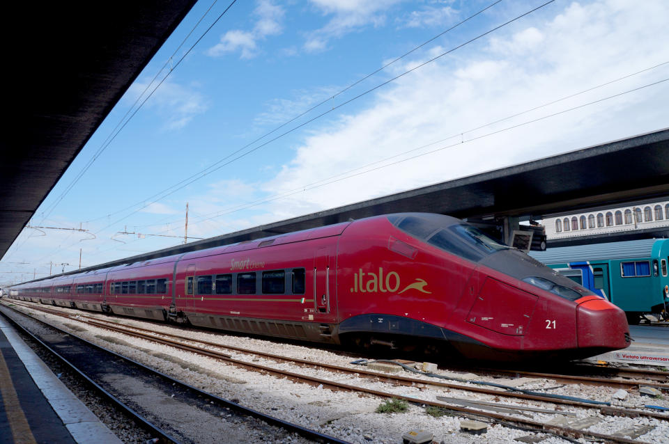 Venice, Italy- September 13, 2014: Nuovo Trasporto Viaggiatori's fast train, Italo in Venice Santa Lucia Station on September 14,2014. Italo is the rapid train which connects main cities in Italy.