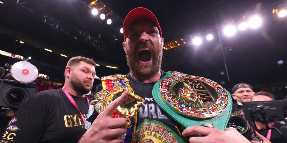 Tyson Fury celebrates a recent boxing win.