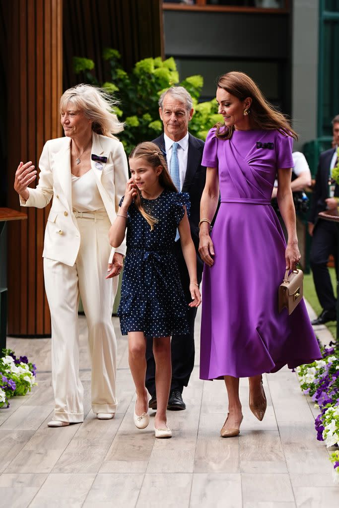 london, england july 14 catherine, princess of wales r and princess charlotte 2nd l arrive at the all england lawn tennis and croquet club in wimbledon, south west london, on day fourteen of the wimbledon tennis championships on july 14, 2024 in london, england the princess of wales will present the trophy to the winner of the mens final photo by aaron chown wpa poolgetty images