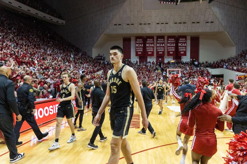 Feb 4, 2023; Bloomington, Indiana, USA; Purdue Boilermakers center Zach Edey (15) after the game against the Indiana Hoosiers at Simon Skjodt Assembly Hall.