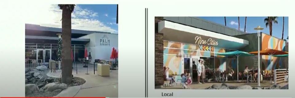 Images from a presentation to the Palm Springs city council showing the current Buzz by BarFly bar at the Palm Springs International Airport alongside a rendering of the Nine Cities craft beer bar that will replace it.