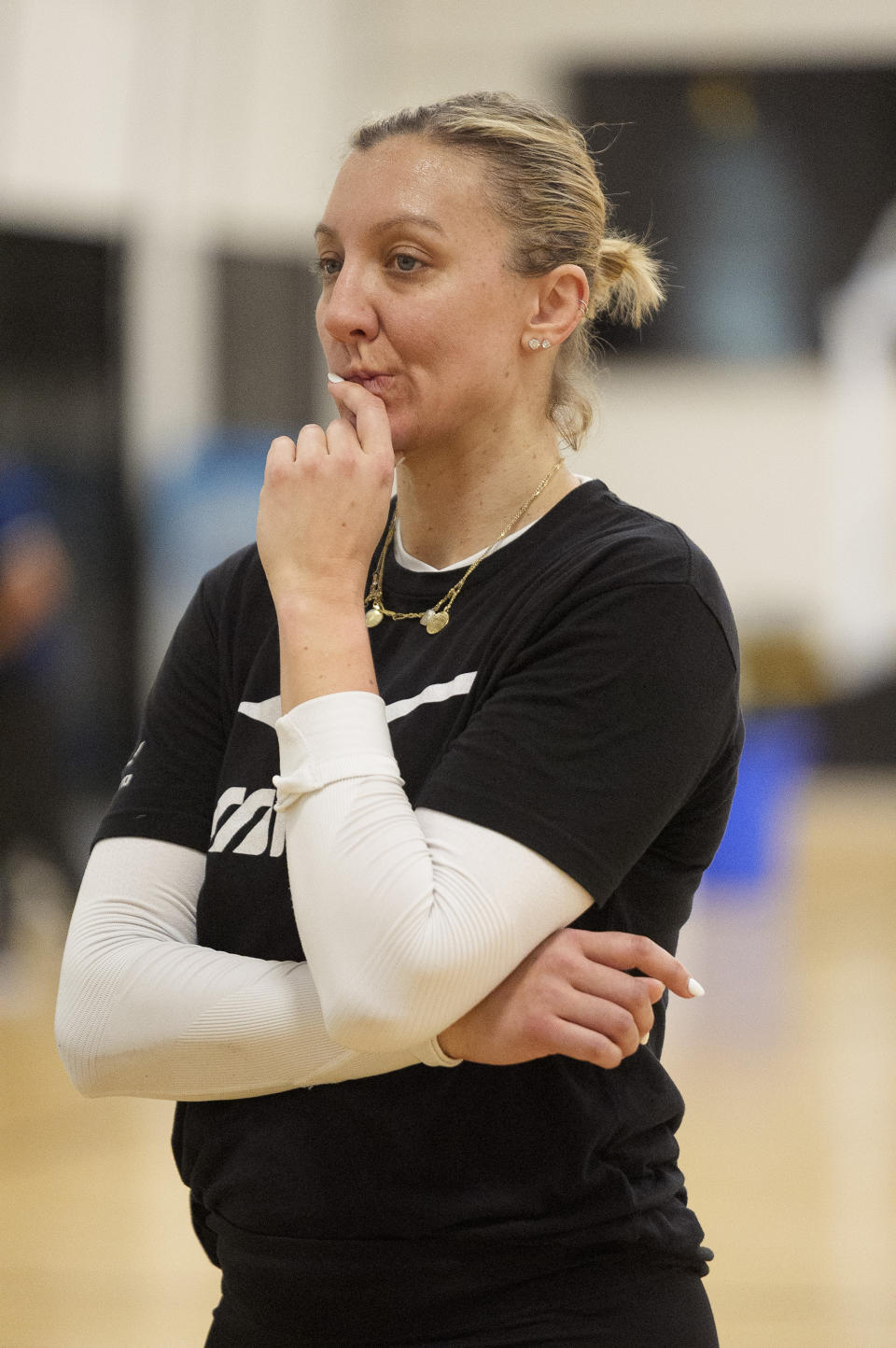 Four-time Olympian Jordan Larson pauses during training with the USA Volleyball Spring Training Camp at Open Gym Premier in Anaheim, Calif., on March 12, 2024. (AP Photo/Damian Dovarganes)