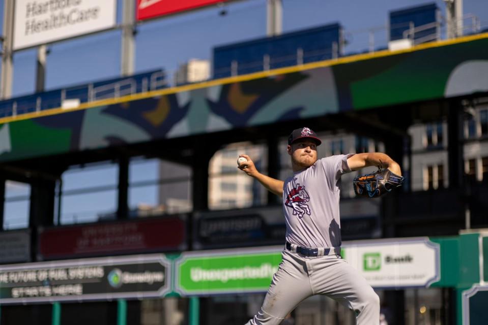 David Griffin, who played at Hanover High and Curry College, warms up in Hartford, Connecticut, before a recent game. Griffin, a member of the Double-A Binghamton (N.Y.) Rumble Ponies, is in his second season in the New York Mets' minor-league system.