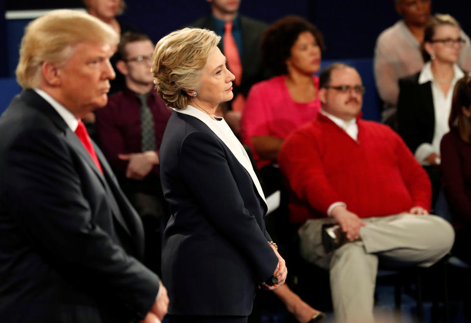 Ken Bone listens to a question along with Donald Trump and Hillary Clinton during their presidential debate in St. Louis, Oct. 9, 2016. (Photo: Rick Wilking/Reuters)