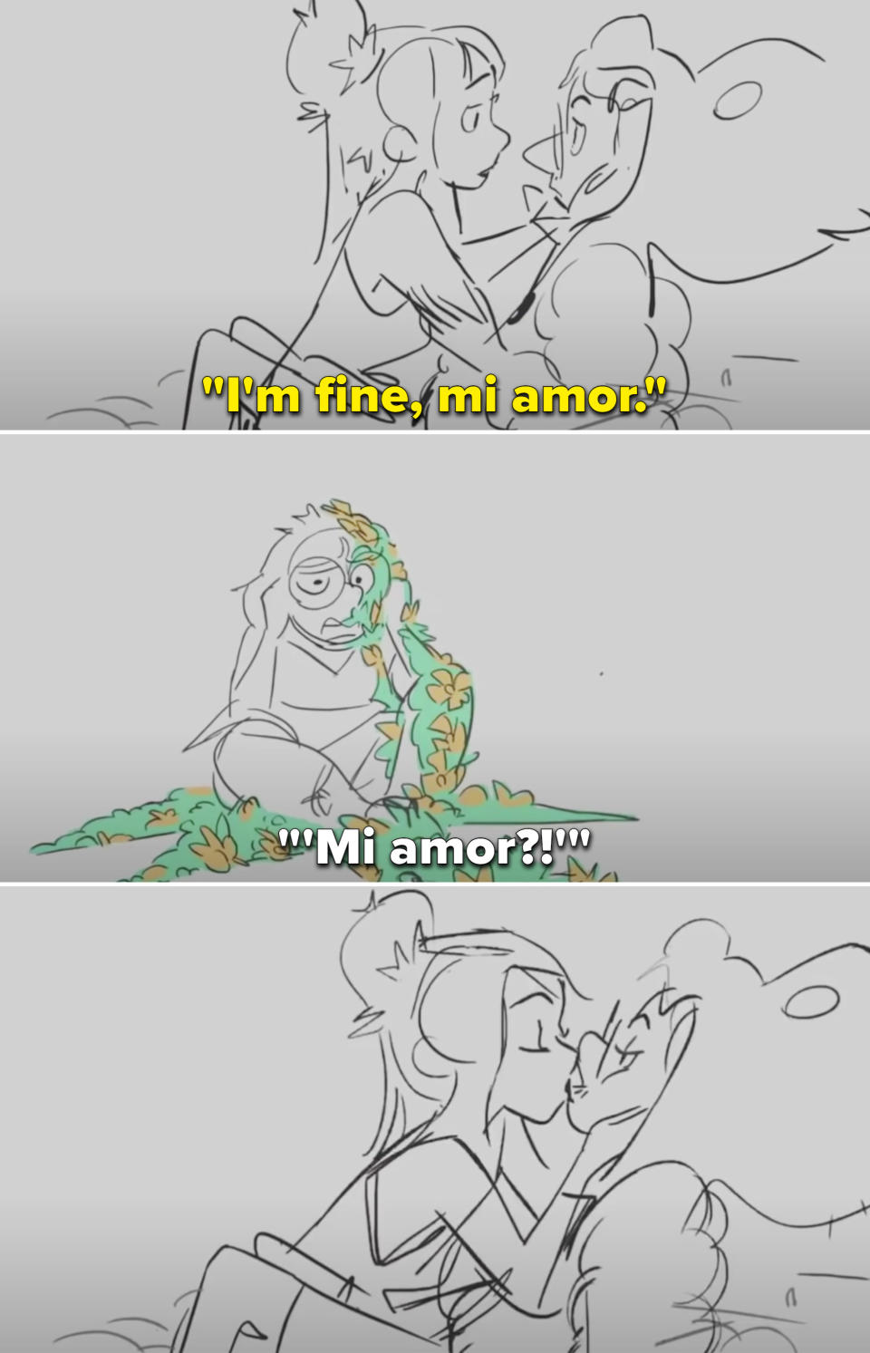 A sketch of Isabela kissing a man and calling him, "Mi amor" and Mirabel looking confused