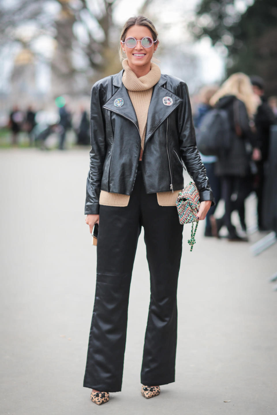 Helena Borden in a camel-colored turtle neck and cheetah print heels at the Chanel spring/summer 2016 haute couture show in Paris.