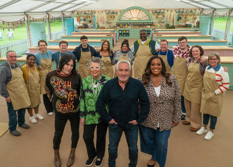 The cast and hosts of "Great British" Bakeoff season 14: Keith, Saku, Tasha, Josh, Matty, Cristy, Dana, Amos, Dan, Rowan, Abbi, Nicky (behind). Noel, Prue, Paul, Allison (in front).