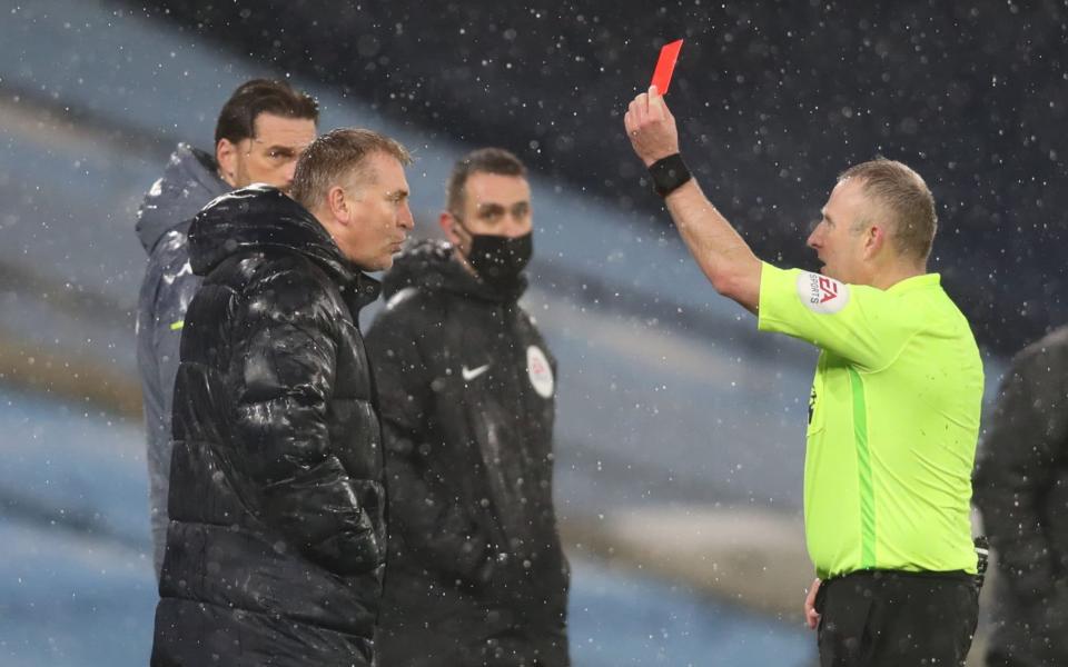 Aston Villa manager Dean Smith was sent off for remonstrating with officials about the goal in the match against Manchester City - Clive Brunskill/AFp