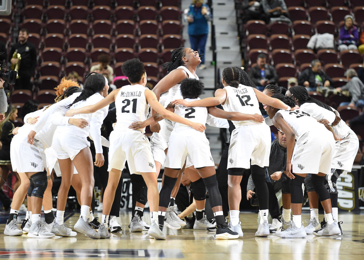 UCF Knights Forward Masseny  Kaba  (5) hypes the team up prior to the start of the game as the Tulsa Golden Hurricane take on the UCF Knights  on March 09, 2019 at the Mohegan Sun Arena in Uncasville, Connecticut. (Photo by Williams Paul/Icon Sportswire via Getty Images)