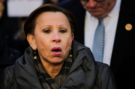 FILE PHOTO: Congresswoman Nydia M. Velazquez speaks to people as they take part in a rally denouncing the targeting of immigrant activists by Immigration Customs Enforcement in the Manhattan borough of New York