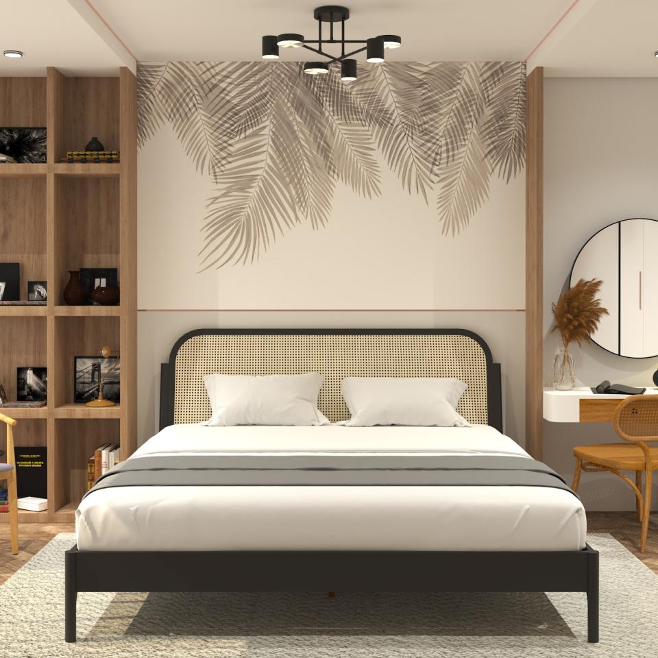 BME Aurous 43" King Platform Bed Frame, Rattan Headboard, Bohemian Style, Solid Wood, Black - image 1 of 18