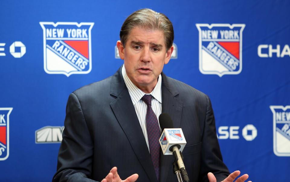 New York Rangers head coach Peter Laviolette speaks after a 7-4 win against the Boston Bruins that moved the Rangers into a tie for the league's best record.