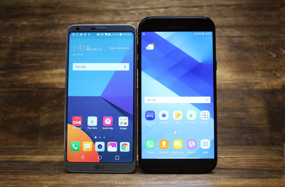 Here's the G6 next to the 16:9 5.7-inch Samsung Galaxy A7 (2017). As you can see the A7 screen is actually bigger overall.