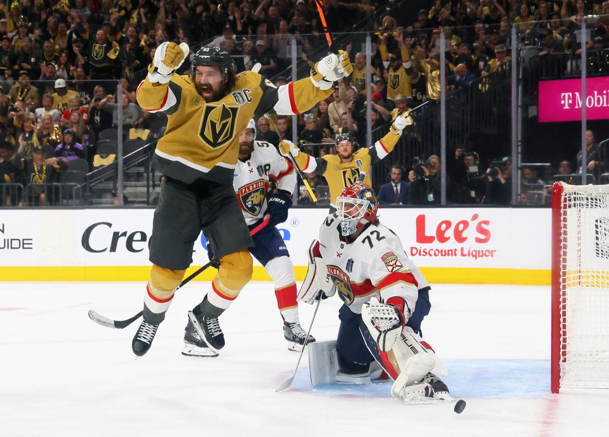 LAS VEGAS, NEVADA - JUNE 05: Mark Stone #61 of the Vegas Golden Knights celebrates his goal against Sergei Bobrovsky #72 of the Florida Panthers in Game Two of the 2023 NHL Stanley Cup Final at T-Mobile Arena on June 05, 2023 in Las Vegas, Nevada. (Photo by Bruce Bennett/Getty Images)
