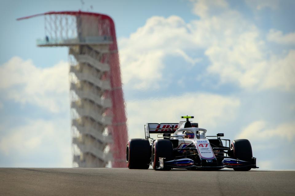 Oct 23, 2021; Austin, TX, USA; Uralkali Haas F1 Team driver Mick Schumacher (47) of Team Germany drives during the qualifying session for the United States Grand Prix at Circuit of the Americas.