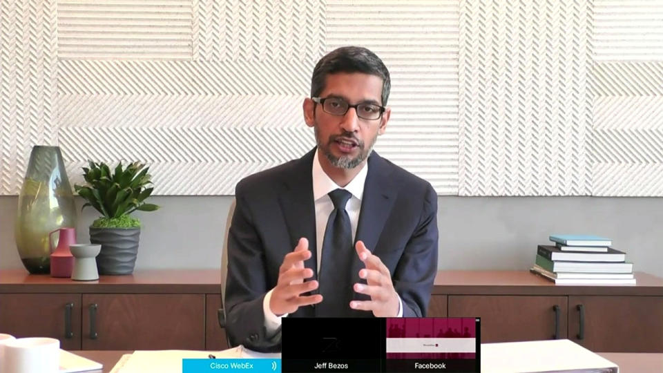 Google CEO Sundar Pichai testifies remotely via videoconference during a U.S. House Judiciary Subcommittee on Antitrust, Commercial and Administrative Law hearing on "Online Platforms and Market Power" in this screengrab made from video as the committee meets on Capitol Hill, in Washington, U.S., July 29, 2020.  U.S. House Judiciary Committee via REUTERS