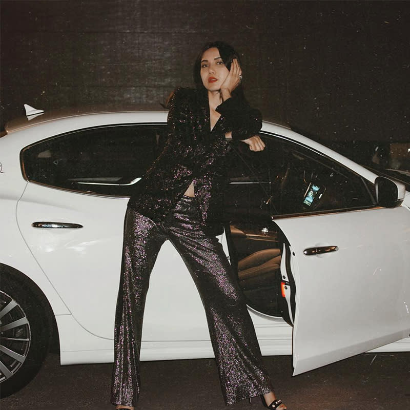 Dylana Suarez In The Rixey Fluid Sequin Blazer And Maida Wide-Leg Fluid Sequin Pants