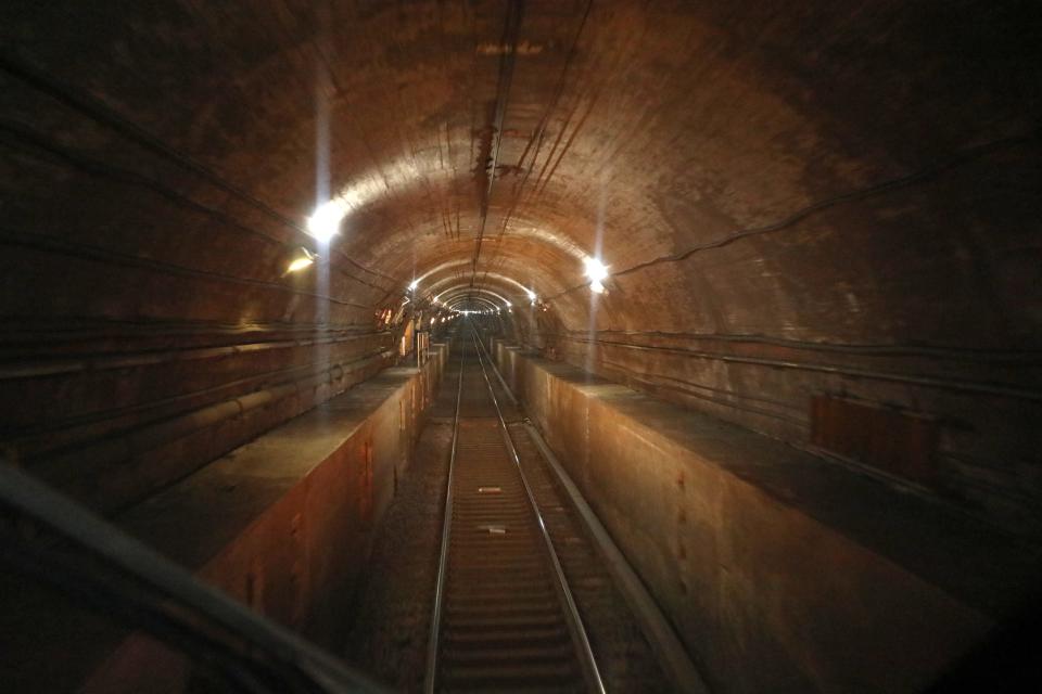 The North River Tunnel is seen from a train traveling to New York's Penn Station.