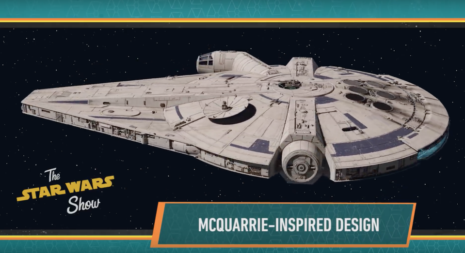 <p>This "new car" version of the Falcon reflects its ownership (at this point in history) by Lando Calrissian, whose action figure hasn't been revealed yet. <em>The Star Wars Show</em> revealed that the look was inspired by the original trilogy's legendary concept artist Ralph McQuarrie.</p>