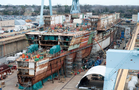 FILE PHOTO - The aircraft carrier Gerald R. Ford (CVN 78) is under construction at Huntington Ingalls Industries-Newport News Shipbuilding in Newport News, Virginia, U.S., in this February 27, 2012 handout photo. Ricky Thompson/U.S. Navy/Handout via REUTERS/Files