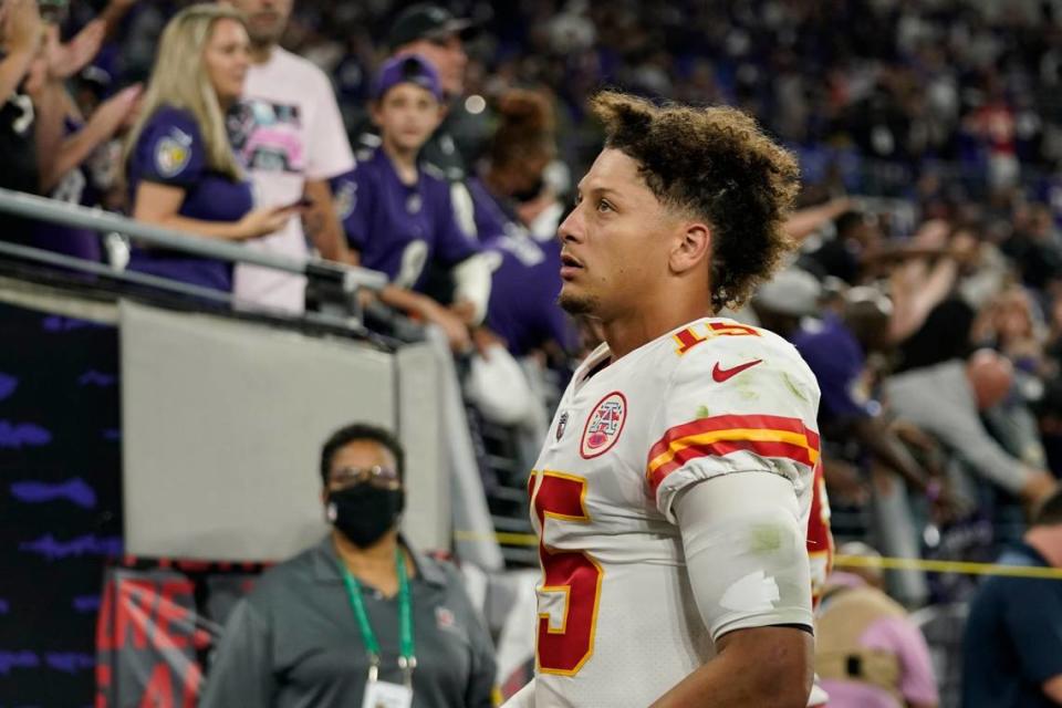 Kansas City Chiefs quarterback Patrick Mahomes walks off the field after Sunday night’s road loss to the Baltimore Ravens.