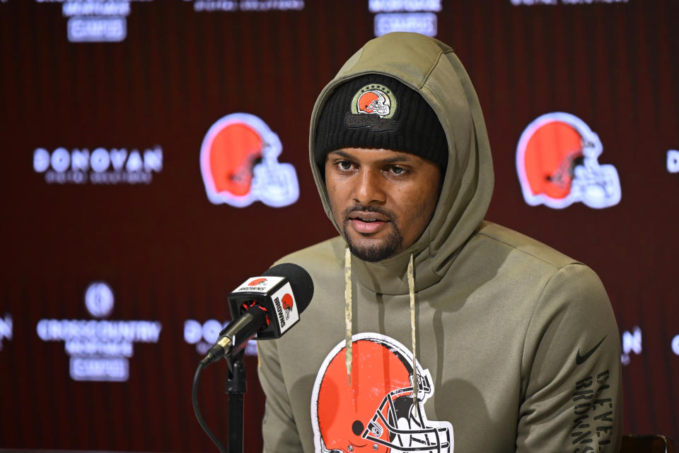 Cleveland Browns quarterback Deshaun Watson speaks with the media during an NFL football news conference at the team's practice facility in Berea, Ohio, Tuesday, April 18, 2023. (AP Photo/David Richard)