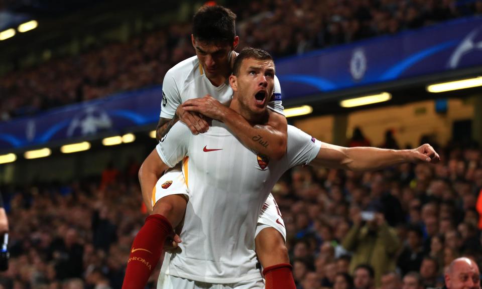 Roma’s Edin Dzeko celebrates scoring against Chelsea earlier in the season at Stamford Bridge.