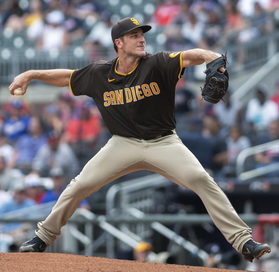 San Diego Padres starting pitcher Reiss Knehr throws to an Atlanta Braves batter during the first inning of the second game of a baseball doubleheader Wednesday, July 21, 2021, in Atlanta. (AP Photo/Hakim Wright Sr.)