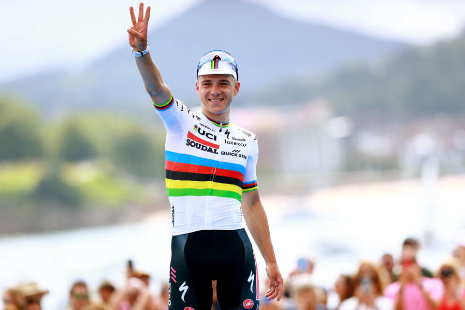 SAN SEBASTIAN SPAIN  JULY 29 Remco Evenepoel of Belgium and Team Soudal  Quick Step celebrates at podium as race winner during the 43rd Donostia San Sebastian Klasikoa 2023 Mens Elite a 2303km one day race from San Sebastian to San Sebastian  UCIWT  on July 29 2023 in San Sebastian Spain Photo by Gonzalo Arroyo MorenoGetty Images