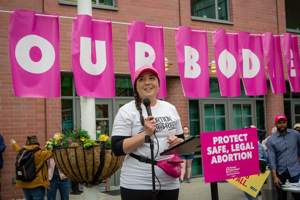 Kaitlyn Wojtowicz, VP of Public Affairs at Planned Parenthood of Metropolitan New Jersey, speaks at a Bans Off Our Bodies Day of Action rally in Princeton on May 14, 2022.
