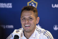 Los Angeles Galaxy's Javier "Chicharito" Hernández answers questions from the media during a press conference in Carson, Calif., Thursday, Jan. 23, 2020. (AP Photo/Kelvin Kuo)