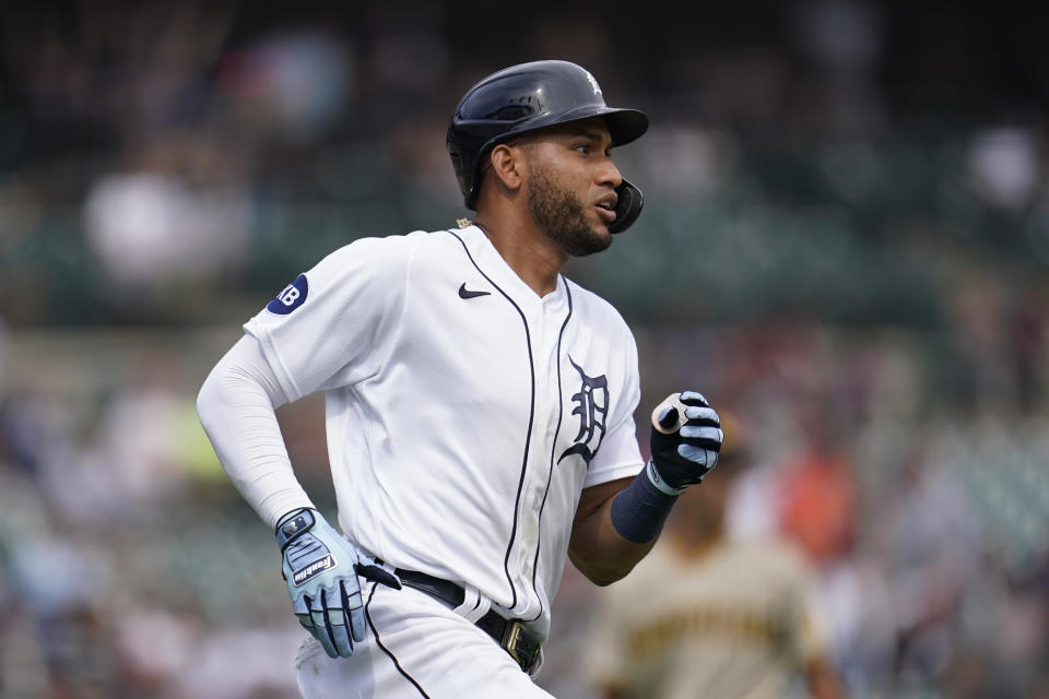 Detroit Tigers' Victor Reyes watches his two-run double against the San Diego Padres in the ninth inning of a baseball game in Detroit, Wednesday, July 27, 2022. Detroit won 4-3. (AP Photo/Paul Sancya)