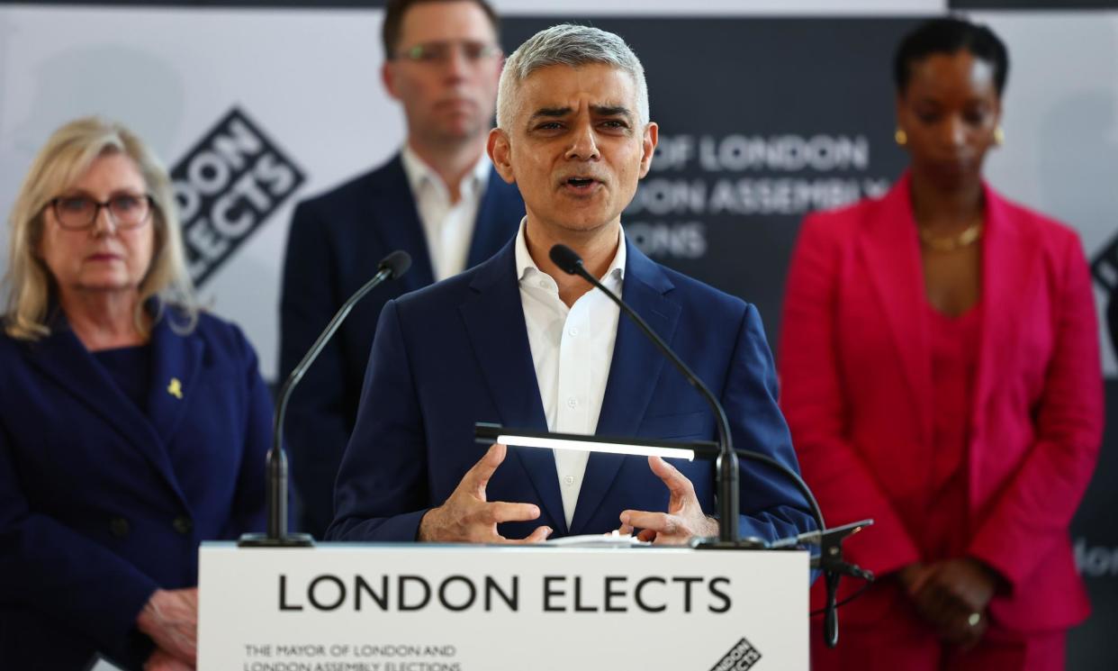<span>Khan making his victory speech in London yesterday.</span><span>Photograph: Peter Nicholls/Getty Images</span>