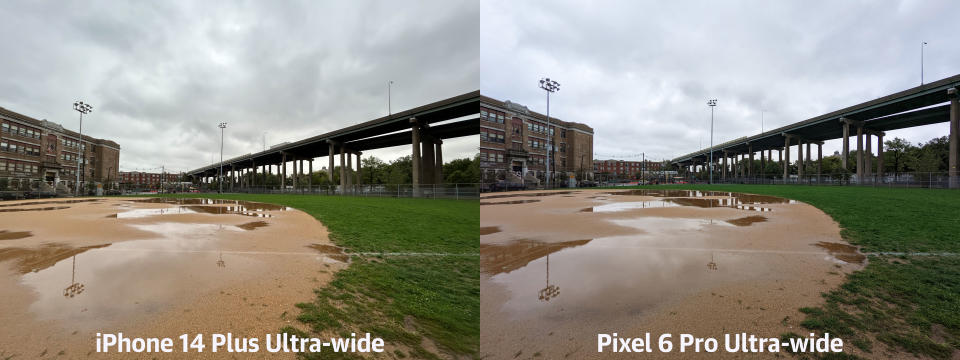 <p>When it comes to wide-angle shots, both phones did a great shot of capturing this soggy baseball field, though the iPhone 14 Plus' shot warmer tones make it result in a shot that needs very little editing.</p>
