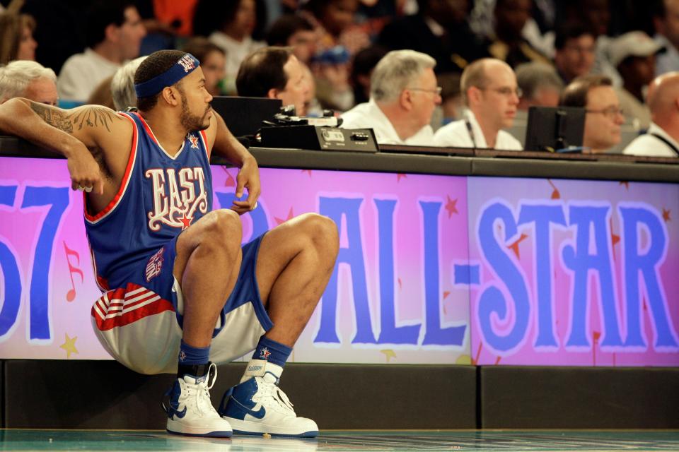 East All-Star Rasheed Wallace of the Detroit Pistons waits to return to the court during the third quarter of the NBA All-Star basketball game Sunday, Feb. 17, 2008, in New Orleans. (AP Photo/Alex Brandon)