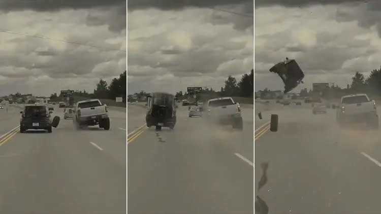 右側皮卡車輪胎脫落，導致左側起亞汽車「起飛」。翻攝自卡特拉推特