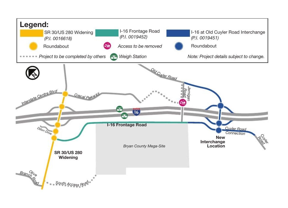 A rendering shows where road improvements around the megasite will take place.