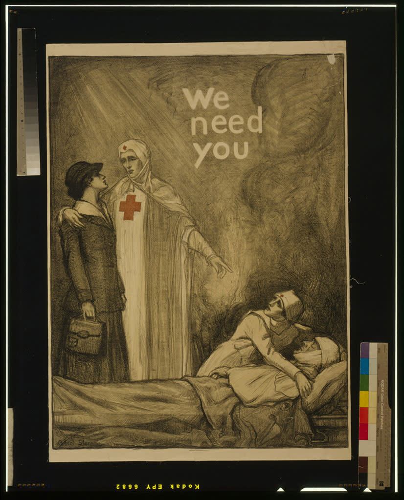 Poster showing a Red Cross nurse appealing to a young woman for help, as another nurse tends to a wounded man; created by Albert Sterner 1918. | Library of Congress