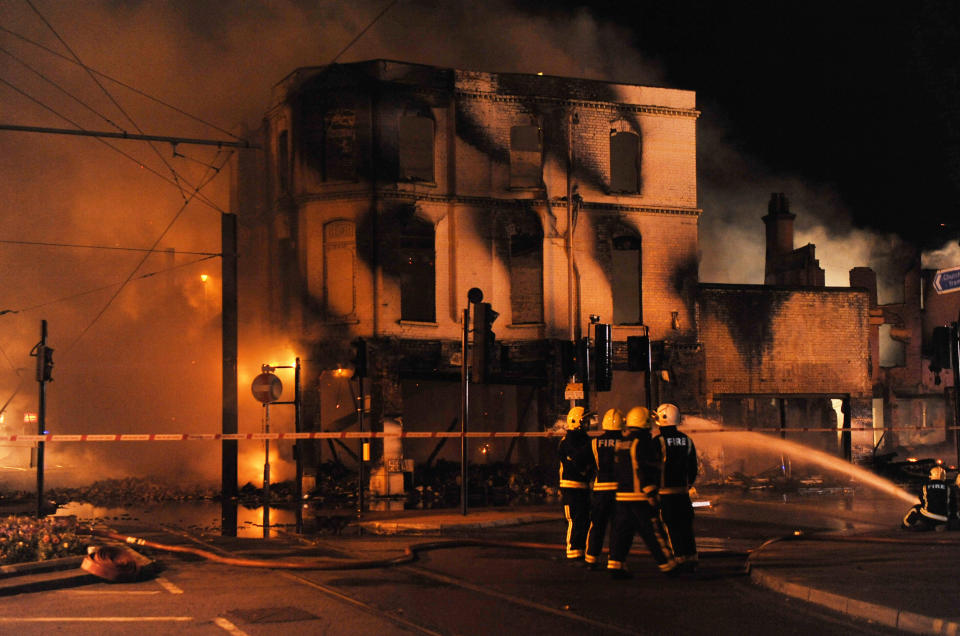 The House of Reeves department store on fire in Croydon, London on Monday.