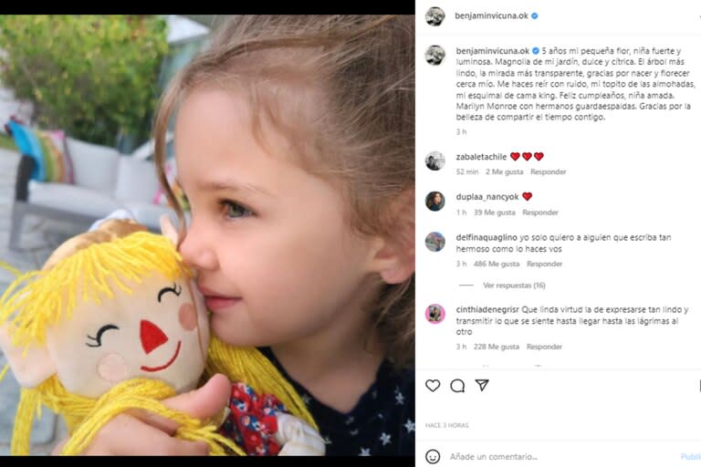 El emotivo mensaje de cumpleaños de Benjamín Vicuña a su hija Magnolia