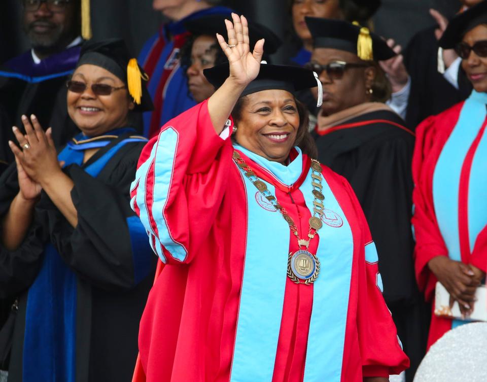 President Wilma Mishoe is introduced at Delaware State University's 134th commencement.