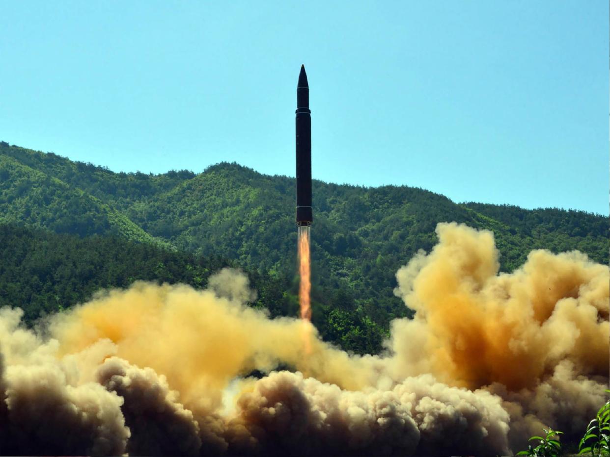 This picture taken on July 4, 2017 and released by North Korea's official Korean Central News Agency (KCNA) on 5 July 2017 shows the successful test-fire of the intercontinental ballistic missile Hwasong-14 at an undisclosed location: STR/AFP/Getty Images