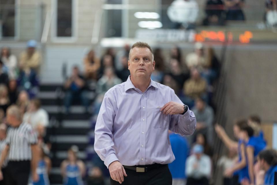 Coach Quincy Lewis looks at the scoreboard during a game against Pleasant Grove at Lehi High School in Lehi on Friday, Jan. 26, 2024. Lehi won 77-61. | Marielle Scott, Deseret News