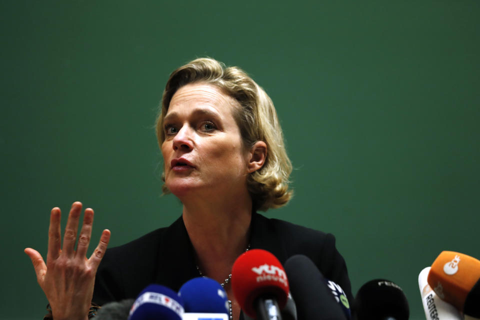 Belgium's artist and sculptor Delphine Boel talks to journalists during a press conference in Brussels, Monday, Oct. 5, 2020. Artist and sculptor Delphine Boel is on the cusp of officially becoming a Belgian princess after a Brussels court on Thursday, Oct. 1, 2020 ruled in her favor in a decades-old royal paternity scandal pitting her against former King Albert II. (AP Photo/Francisco Seco)